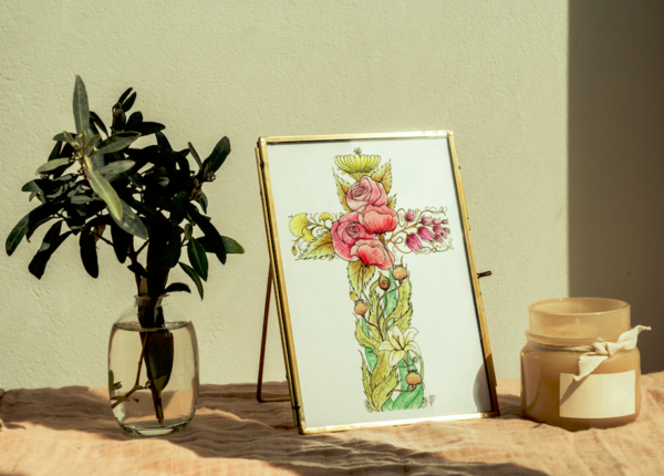Aquarelle originale Croix fleurie – Image 2