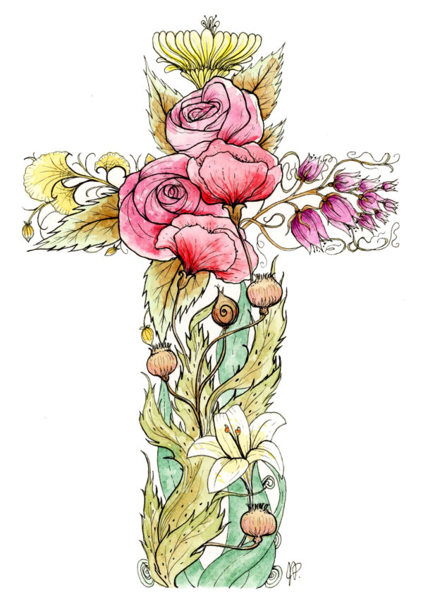 Aquarelle originale Croix fleurie