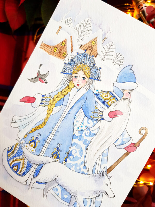 Aquarelle originale Ded Moroz et Snegourotchka – Image 2